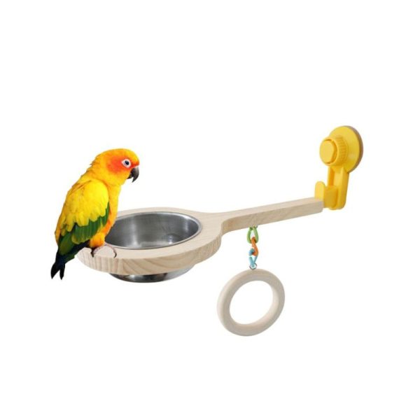 Wood Bird Perch with Bird Feeding Cups-1